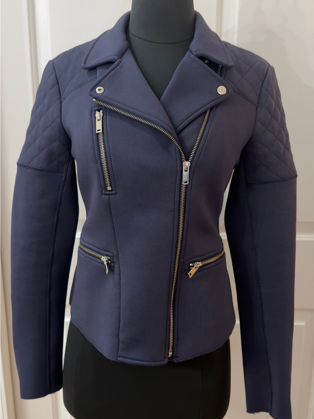 Wilfred Navy Quilted Moto Jacket with Silver Hardware